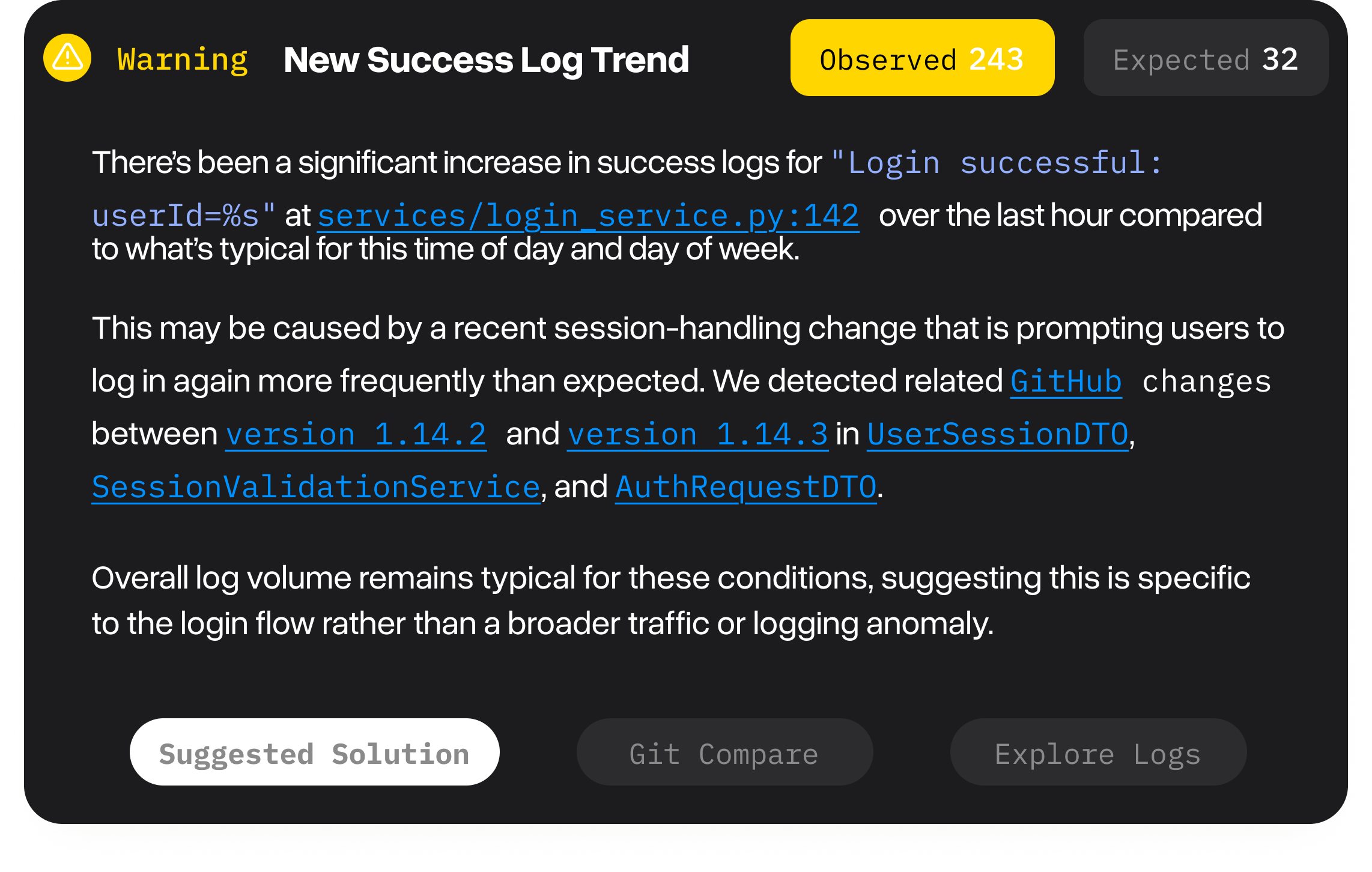 Sample warning alert for a new success log trend with observed and expected counts