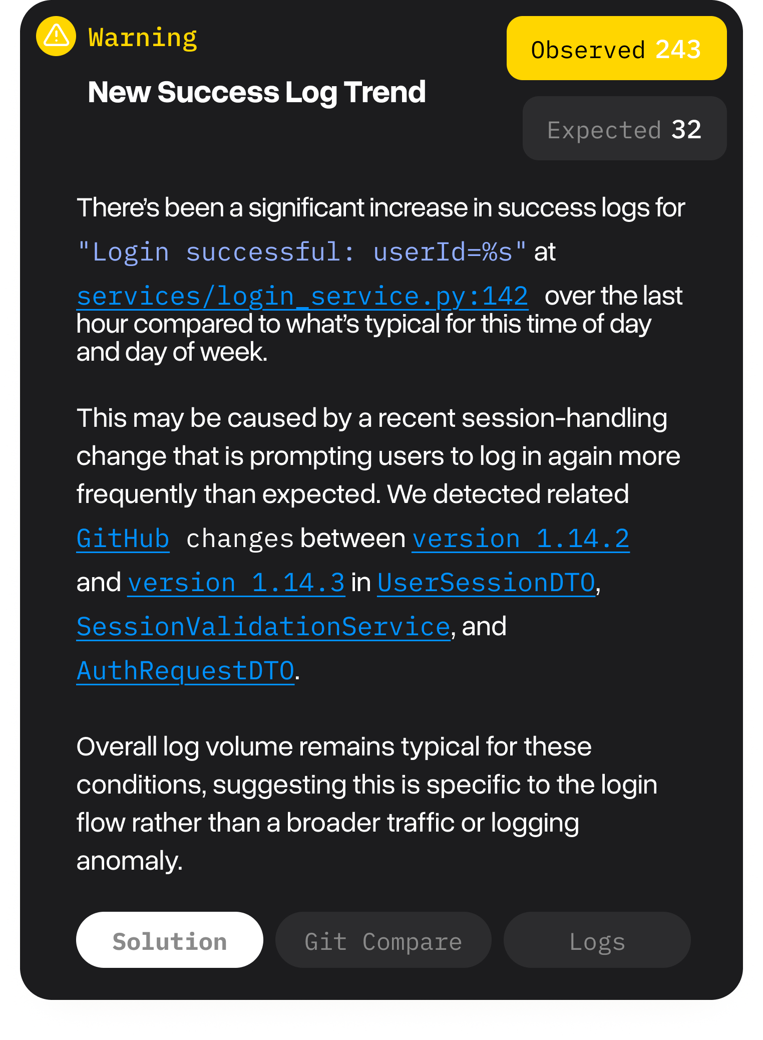 Sample warning alert for a new success log trend with observed and expected counts